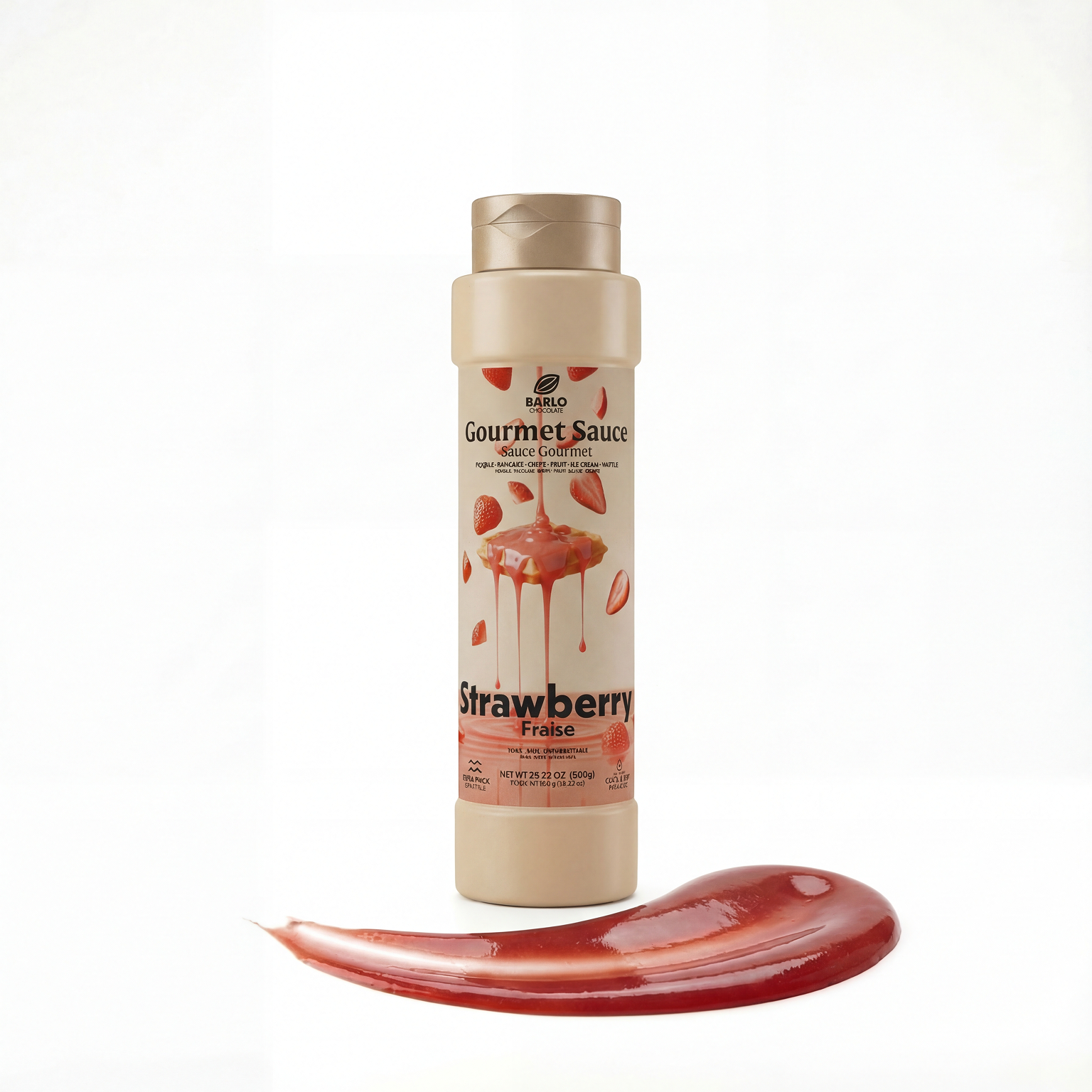 Papagino Foods Barlo Strawberry Gourmet Sauce in an 800g jar, showcasing fresh strawberries and rich sauce texture.