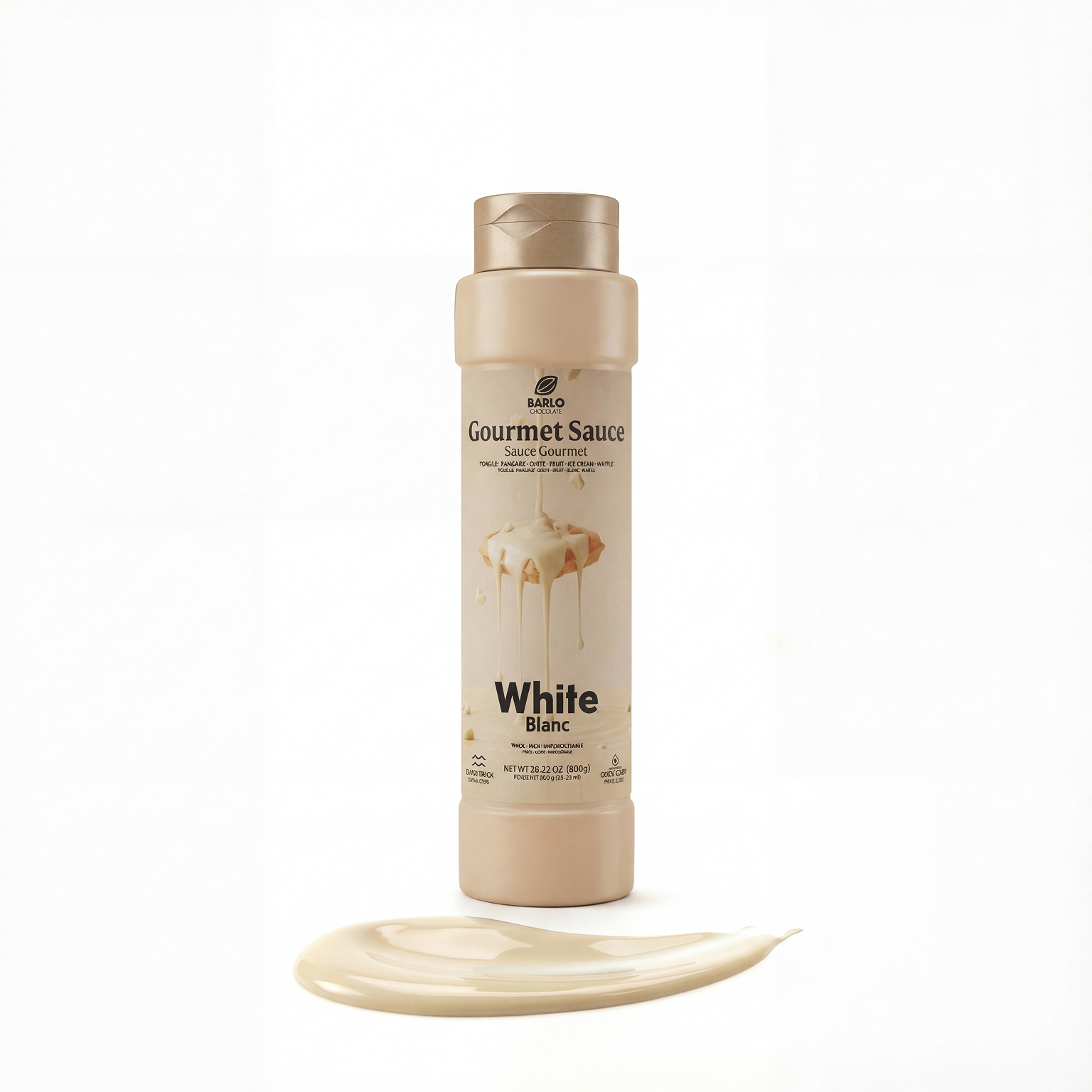 Barlo White Gourmet Sauce by Papagino Foods Inc. in 800-gram bottle, showcasing the creamy, white sauce in a clear container.