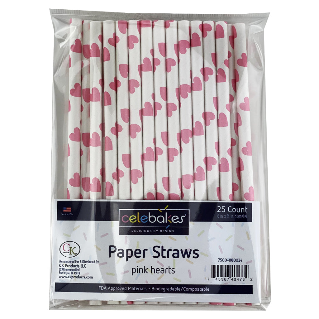 Pink Hearts Paper Straws 6",  package of 25 - Papagino Foods Inc.