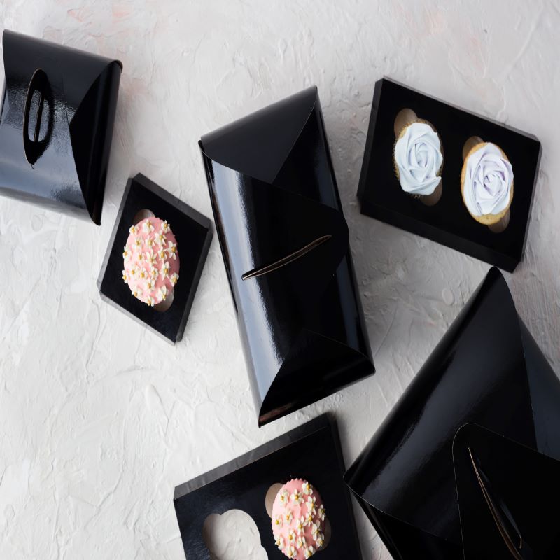 Black Tulip Cup Cake Boxes Double 4" x 8" / 100 pack with matching cupcake insert - Papagino Foods Inc.