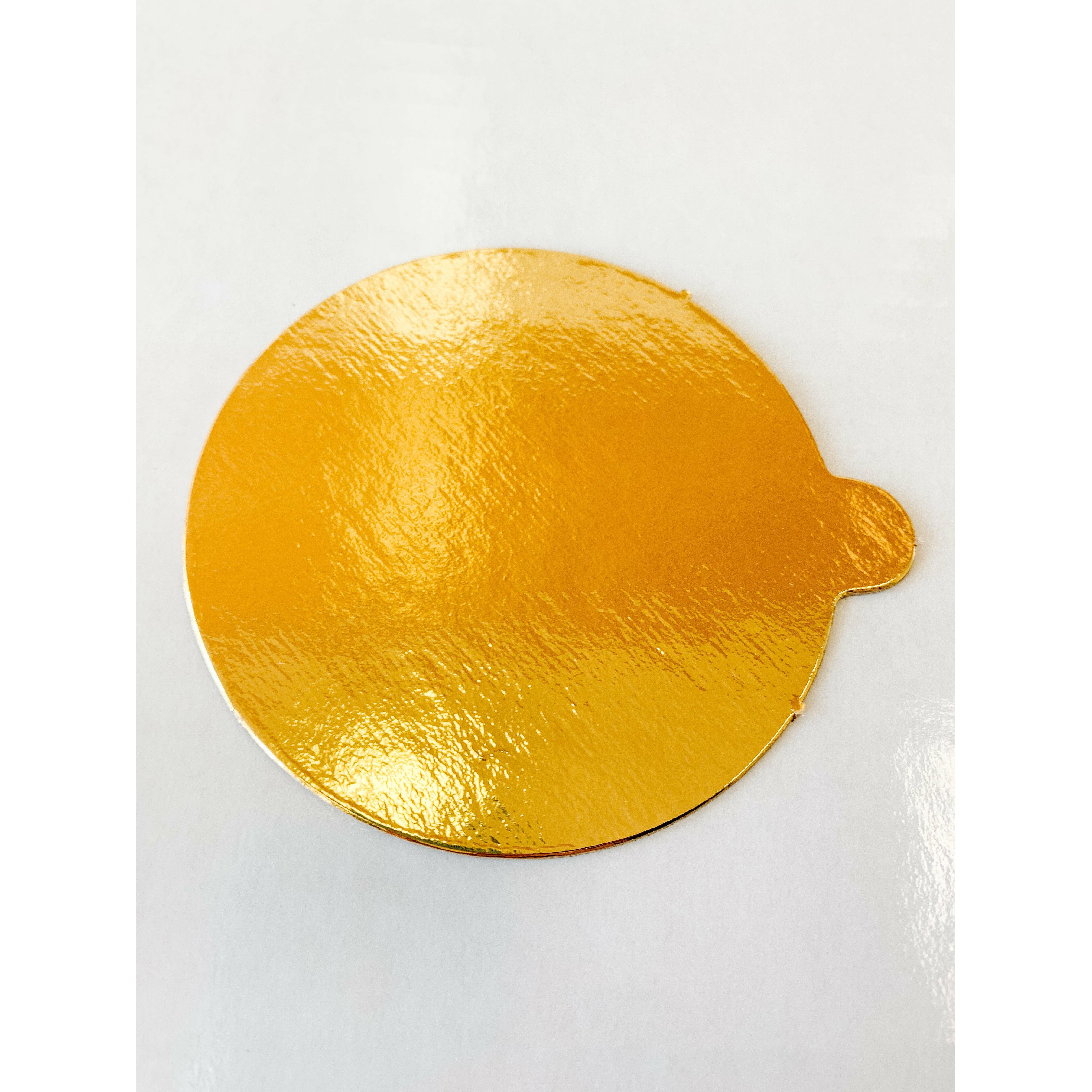 Single Serve Portion Gold/Black Pastry Boards with Tab 4" Round  .045  (500 Pieces) - Papagino Foods Inc.